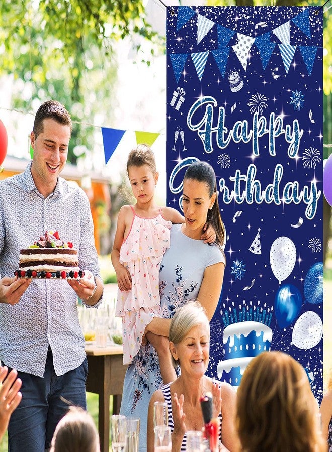 GYA 3x6ft Blue Silver Birthday Door Banner Navy Blue Glitter Sequin Happy Birthday Background Cake Balloons Gifts Backdrops Kids Celebration Party Decor - Image 3